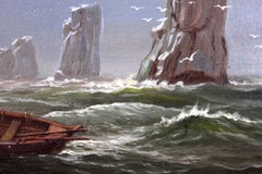 „Out At Sea“ – Ölgemälde mit Küstenklippen, Meer und Bootsszene, gerahmt