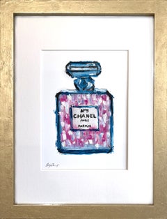 "Dripping in Chanel - Pink N5" - Dipinto a olio su carta raffigurante un flacone di profumo, incorniciato