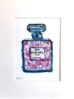 "Dripping in Chanel - Pink N5" - Dipinto a olio su carta raffigurante un flacone di profumo, incorniciato