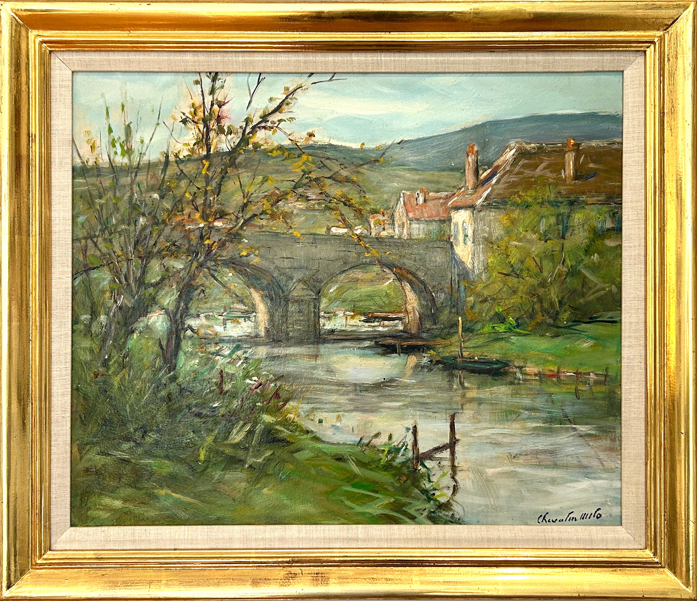 Unknown Figurative Painting - "Boats on The Canal" Serene 20th Century Impressionist Oil Painting Framed