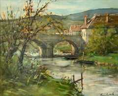"Boats on The Canal" Serene 20th Century Impressionist Oil Painting Framed