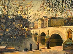 "Seine River by Pont Neuf" Post-Impressionist Parisian Oil Painting Framed