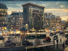"Nocturne Arc de Triomphe" - Dipinto a olio impressionista parigino dai colori vivaci, già incorniciato