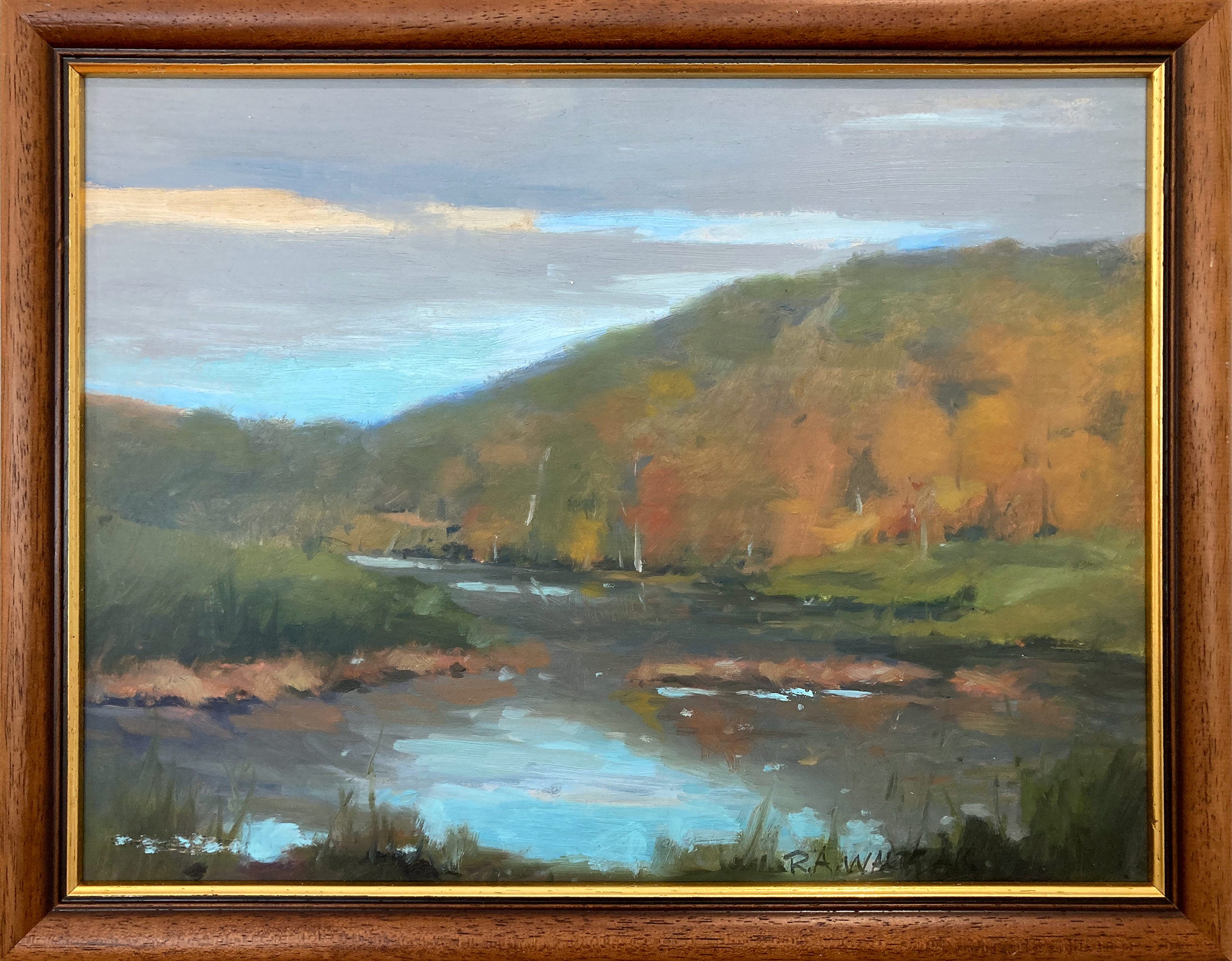 "Paesaggio autunnale di campagna" - Dipinto a olio su tavola, coloratissimo, incorniciato