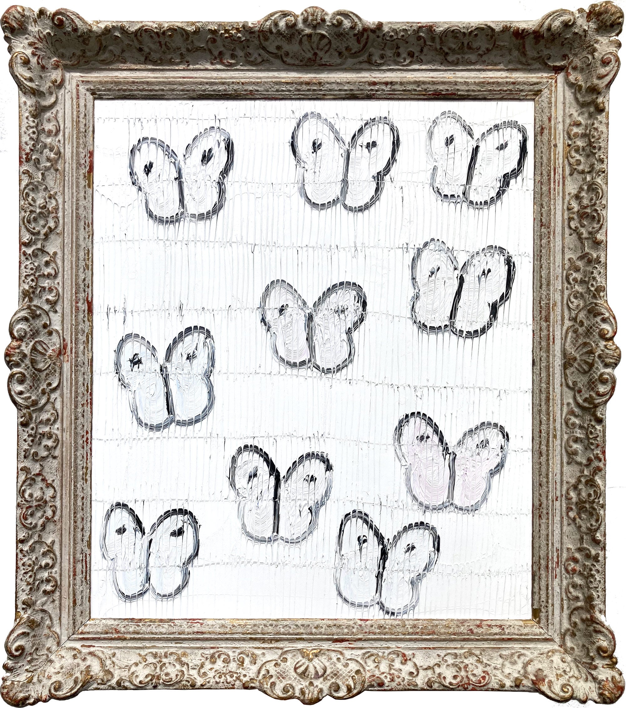 Hunt Slonem Animal Painting - "White Field" Black Butterflies on Cloud White Background with Antique Frame
