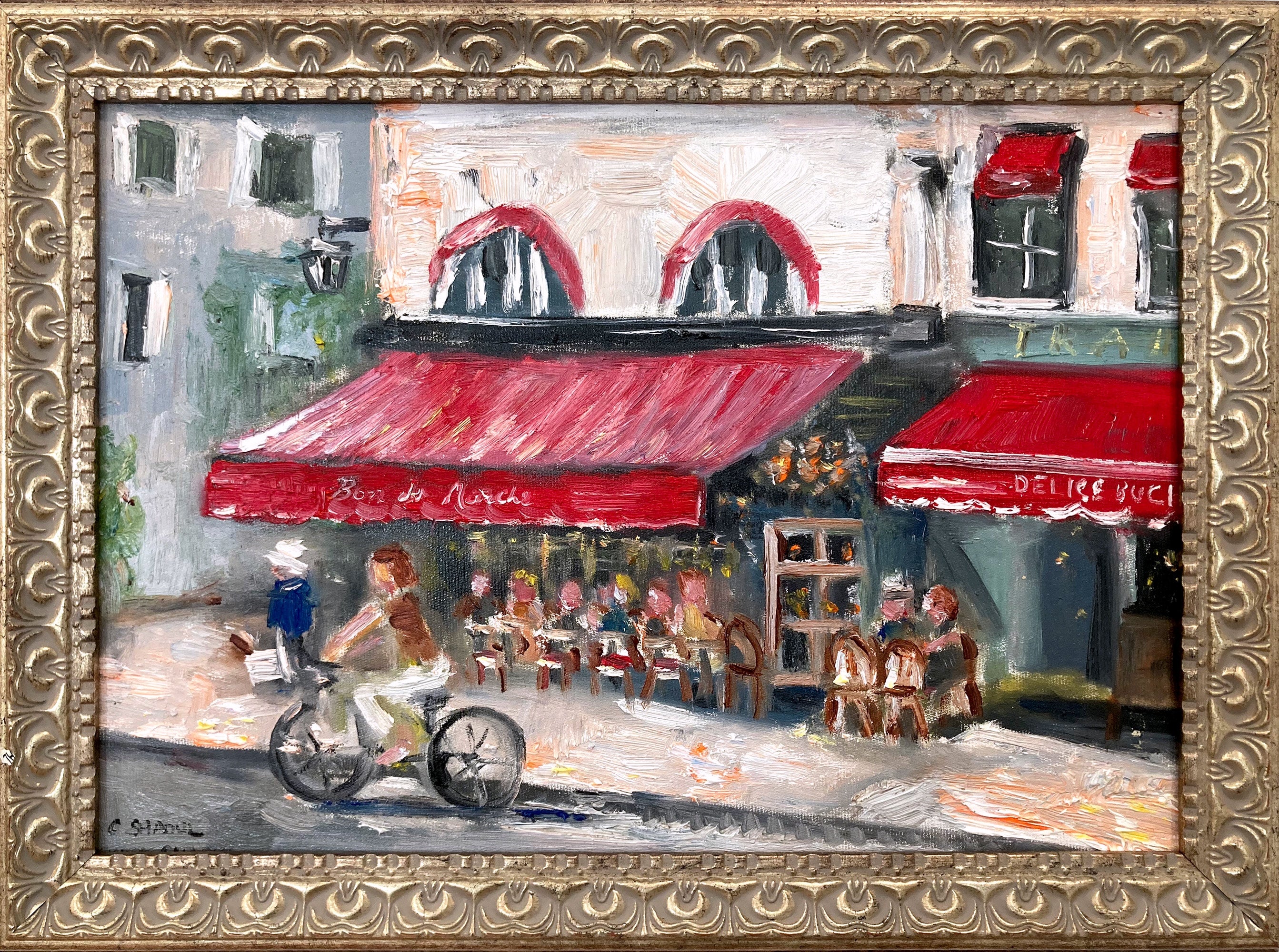 « Bar du Marché - Paris » : peinture à l'huile impressionniste réalisée en plein air, montée sur châssis
