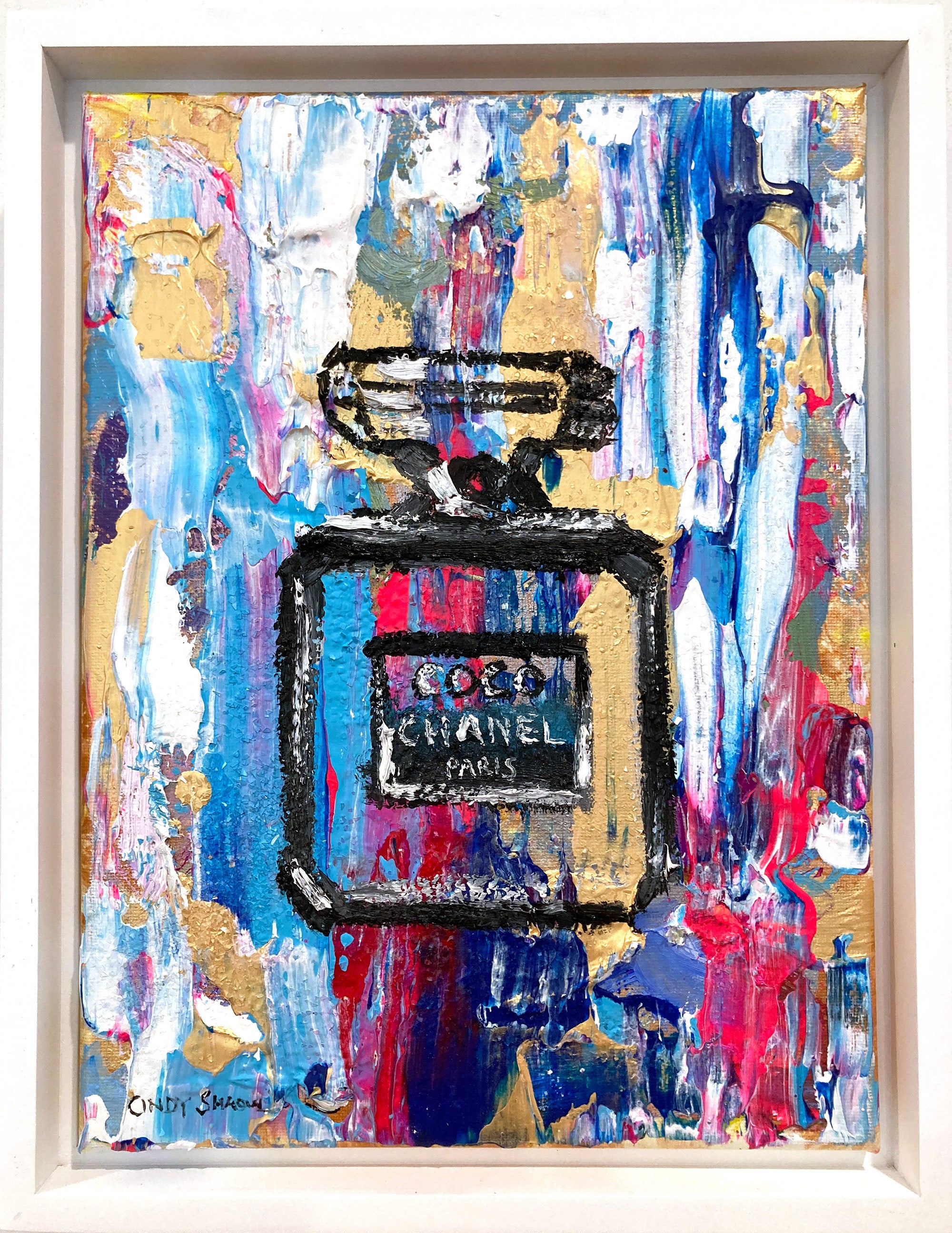 "Dripping Dots - Coco a Firenze" - Dipinto a olio su tela incorniciato raffigurante il flacone del profumo Chanel