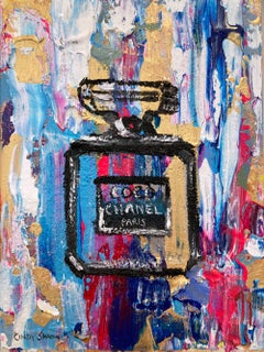 « Dripping Dots - Coco à Florence » : peinture à l'huile représentant un flacon de parfum Chanel, encadrée