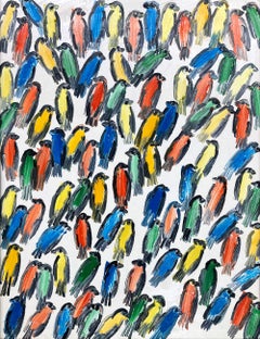 "Finches" Multicolored Birds with White Background Oil Painting on Antique Frame