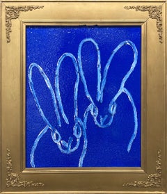 "Cobalt Blue Bunnies" Diamond Dust Bunnies on Blue Oil Painting w Antique Frame
