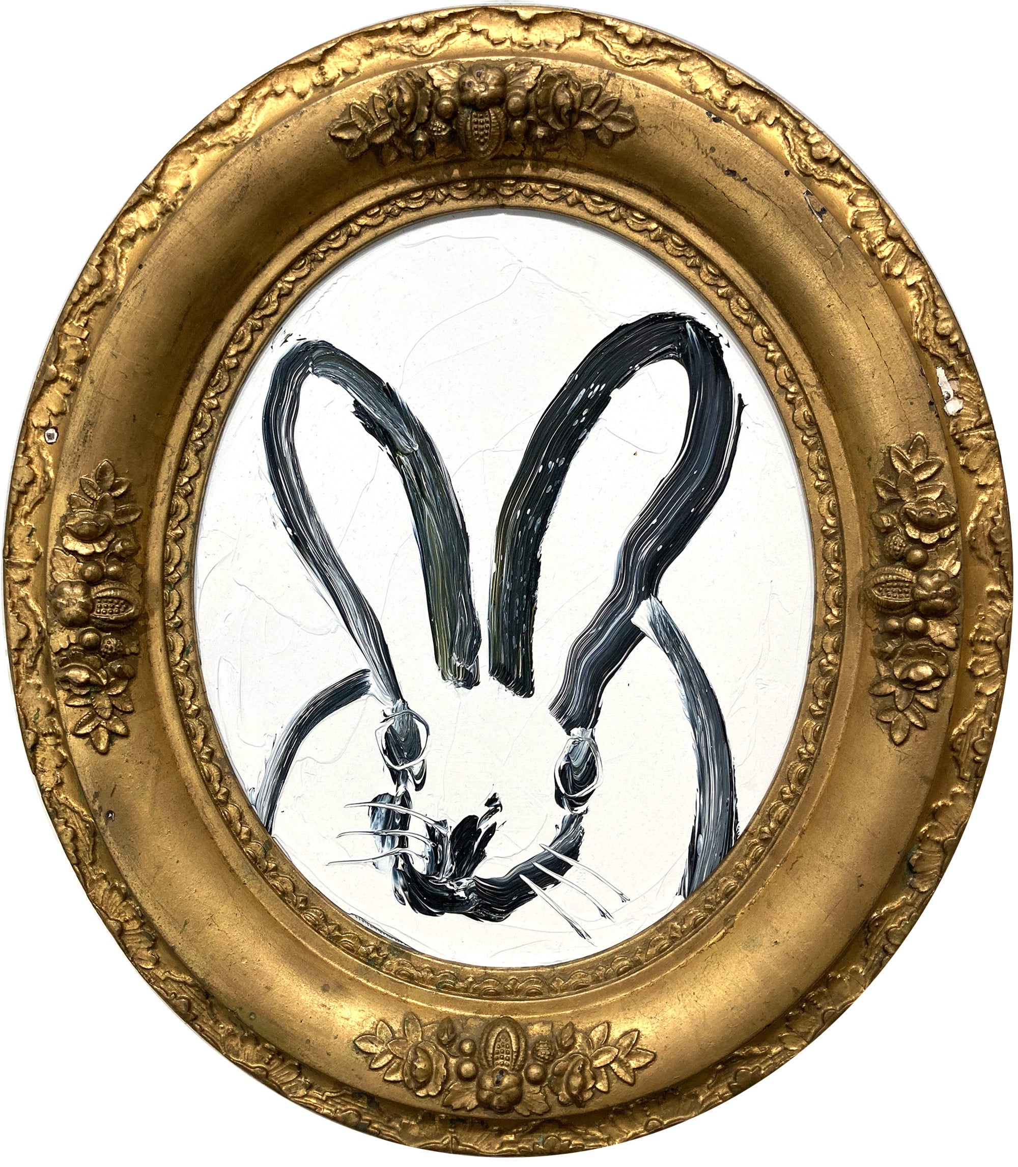 Hunt Slonem Animal Painting - "Tandy" Black Bunny on White Background Oil Painting on Wood Antique Oval Frame