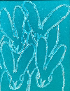 "4 Teal" White Outline Bunnies on Teal Blue Oil Painting in Antique Frame