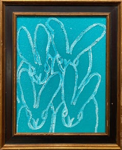 "4 Teal" White Outline Bunnies on Teal Blue Oil Painting in Antique Frame