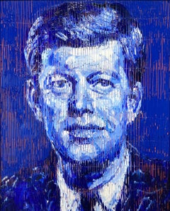 „J.F.K.“ – Porträt von Präsident Kennedy, ultramarinblaues Ölgemälde, gerahmt