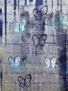 «Weeping Ascension»: mariposas sobre fondo azul y plateado. Cuadro al óleo sobre lienzo