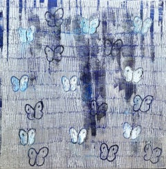 "Weeping Ascension" Butterflies on Blue & Silver Background Oil Painting Canvas