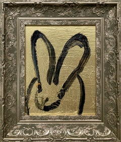 "Goldman" Black Outline Bunny on Gold Background Oil Painting Framed
