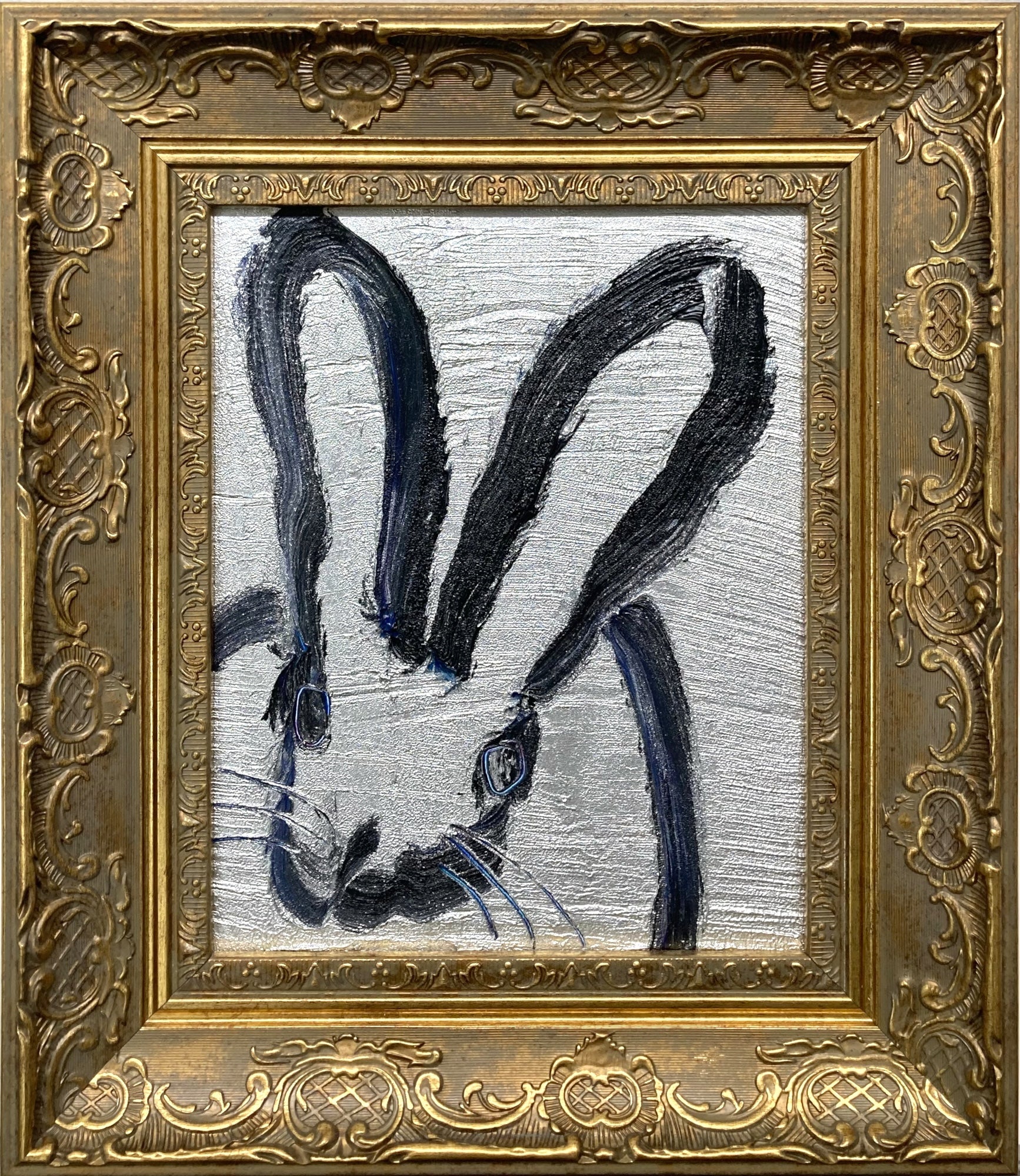 Hunt Slonem Abstract Painting - "Andre" Black Outlined Bunny on Silver Background Oil Painting Framed