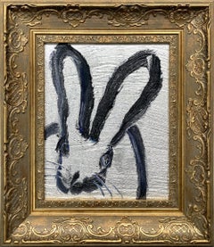 "Andre" Black Outlined Bunny on Silver Background Oil Painting on Wood Framed