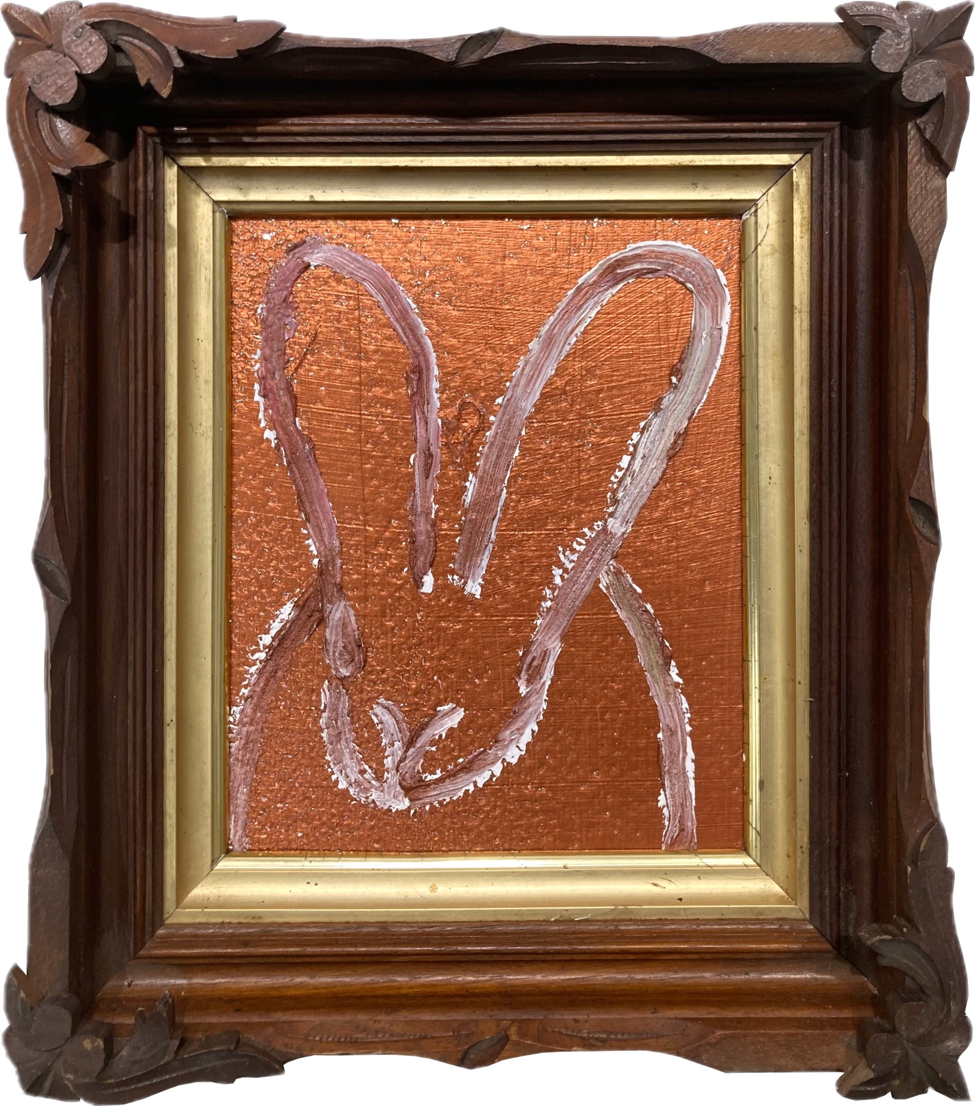 Hunt Slonem Animal Painting – „Copper Bunny“ – Weißes Kaninchen auf kupferfarbenem Hintergrund, Ölgemälde, antik gerahmt