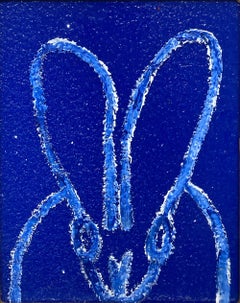 "Diamond Jubilee" White Bunny on Ultramarine Blue Background Oil Painting Framed
