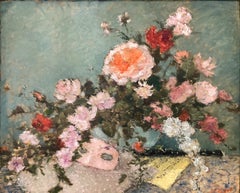 « Fleurs et musique » : peinture impressionniste française, nature morte à l'huile sur toile, encadrée