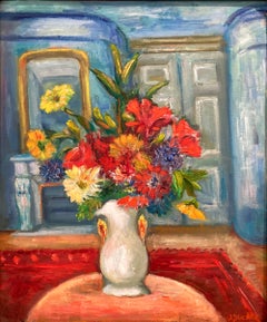 «Flores en un piso de París»: pintura al óleo postimpresionista de naturaleza muerta, enmarcada