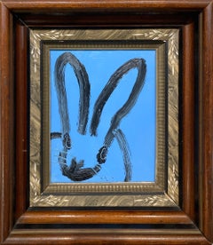 "Lupin" Black Bunny on Sky Blue Background Oil Painting on Wood w Antique Frame