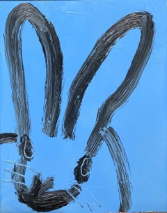 "Lupin" Black Bunny on Sky Blue Background Oil Painting on Wood w Antique Frame