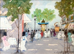 "Parisian Cafe Scene" Post-Impressionist Oil Painting Framed in Antique Frame