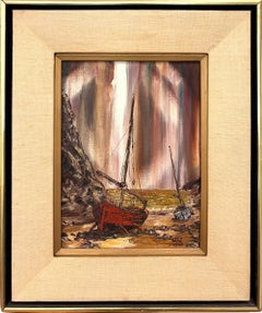 "Beached Boats" Post-Impressionist Coastal Scene Oil Painting on Canvas Framed