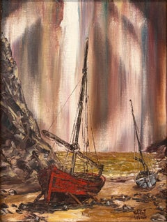 "Beached Boats" Post-Impressionist Coastal Scene Oil Painting on Canvas Framed