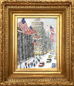 "5th Avenue New York City" Impressionist Snow Scene Oil Painting on Board Framed