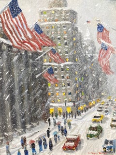 "5th Avenue New York City" Impressionist Snow Scene Oil Painting on Board Framed