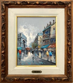 "Arc de Triomphe" Parisian Street Scene with Cafes Impressionist Oil Painting