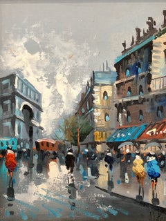 "Arc de Triomphe" Parisian Street Scene with Cafes Impressionist Oil Painting