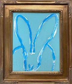 "Sky" White & Blue Bunny on Light Aqua Blue Background Oil Painting Gold Framed