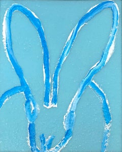 "Sky" White & Blue Bunny on Light Aqua Blue Background Oil Painting Gold Framed