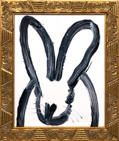 "Ashley" Black Outline Bunny on White Background Oil Painting with Wood Frame