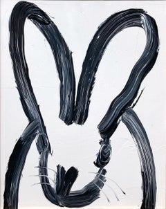 "Ashley" Black Outline Bunny on White Background Oil Painting with Wood Frame