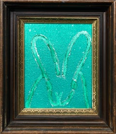 "Teal Diamond Dust" White Bunny on Teal Green Background Oil Painting Framed