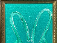 "Teal Diamond Dust" White Bunny on Teal Green Background Oil Painting Framed