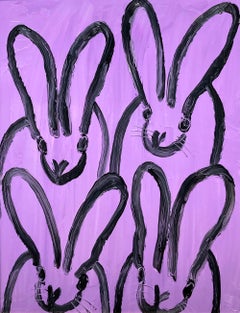 Cuadros antiguos con conejitos «morados» de contorno negro sobre fondo morado, pintados al óleo