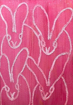 "Pink Diamond Dust" White Outline Bunnies on Pink Background Oil Painting Framed