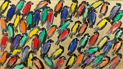 "Finches" Multicolored Birds on Gold Background Oil Painting with Wood Frame