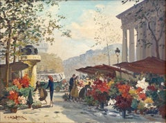 "Flower Vendors by La Madeleine" Impressionist Parisian Oil Painting Canvas