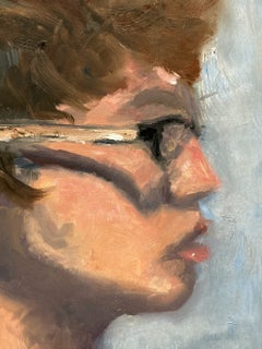 „Im Atelier“ – Frau mit kurzen Haaren und Brille: impressionistisches Ölgemälde