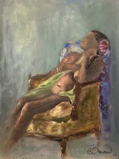 «Desnudo recostado»: pintura al óleo impresionista de una mujer sentada en una silla victoriana antigua