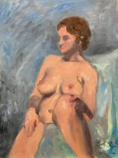 "Reclined Nude" Woman Seated in Art Studio Impressionist Oil Painting