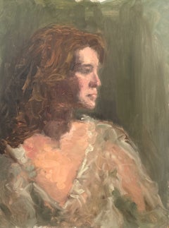 "Woman in Sage Green" Woman Seated in Art Studio Impressionist Oil Painting